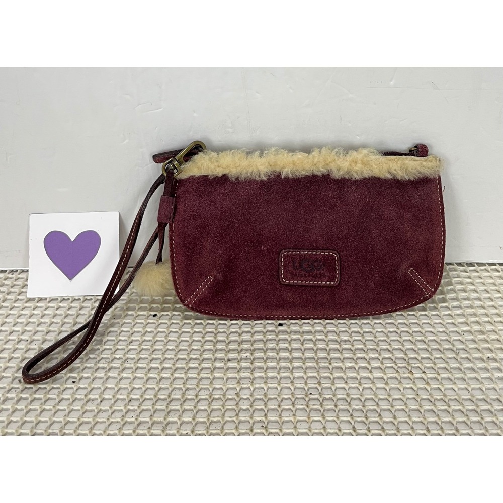 UGG Suede Shearling Lined Wristlet Pouch Burgundy Evening Bag